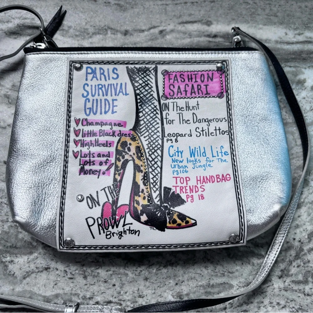 Brighton Paris Survival Guide Silver Crossbody Bag with Illustrated Front Panel